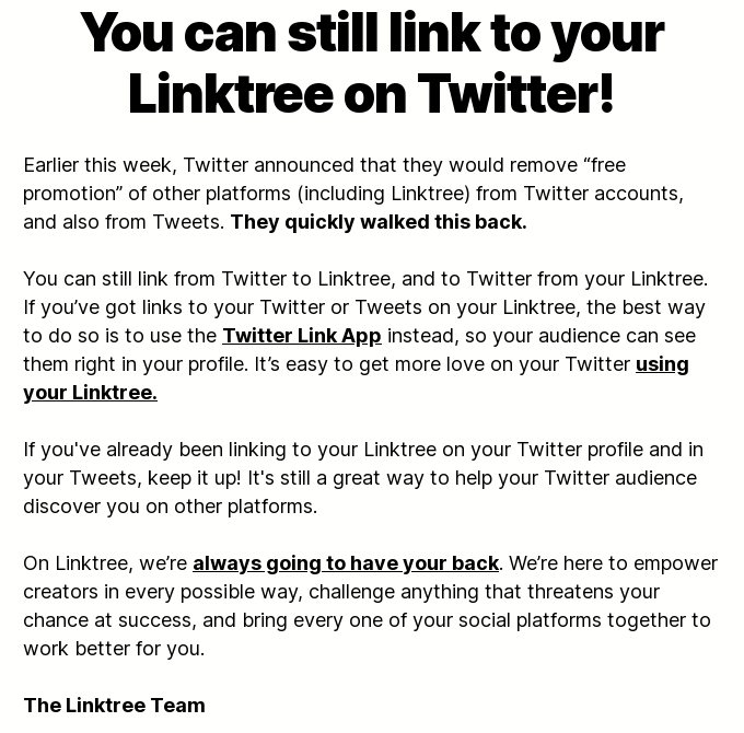 linktree tweet about twitter ban